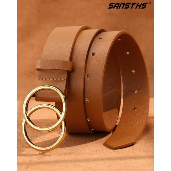 Women\'s Leather Belt Jeans Pants Fashion Waist Belt Ring Buckle Brown Gold main image 4